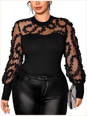 Plus Size Mock Neck Sheer Mesh Embroidered Blouses Puff Sleeve Elegant Going